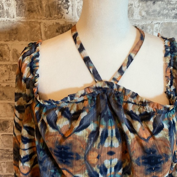 INC International Concepts sz L lined cold shoulder blouse. Blue. Sparkly! - Picture 4 of 16